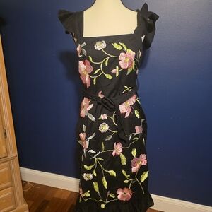 ASOS Black Midi Dress with Pink & Green Floral Embroidery